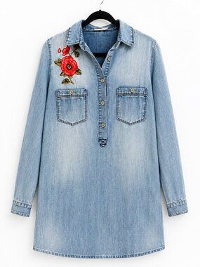 En Crème Denim Embroidered Shirt Dress | Floral Embroidery